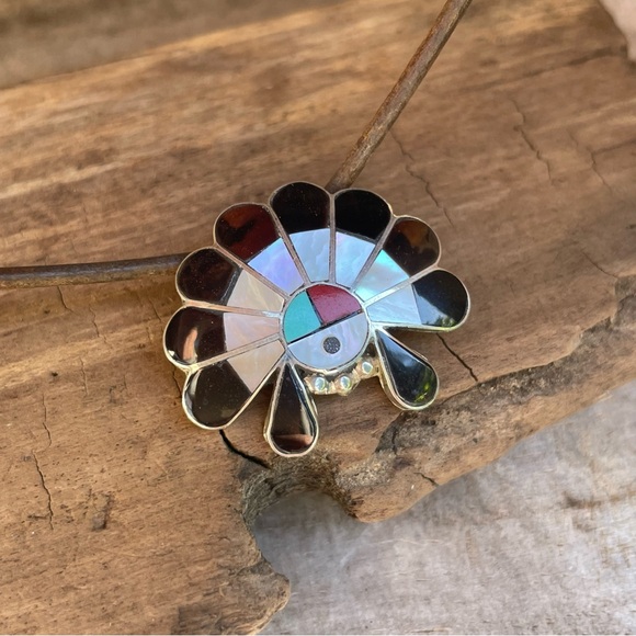 Vintage Signed Zuni Inlay Sun Face Pendant Pin Turquoise Coral Onyx MOP TigerEye - Picture 9 of 12